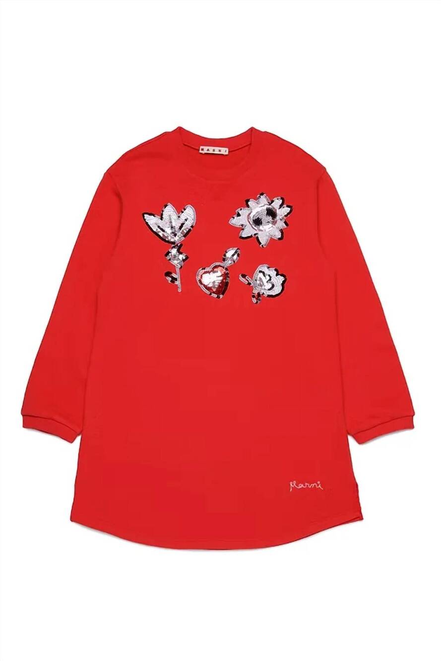 NEW MARNI girls fleece dress with sequined flowers in red